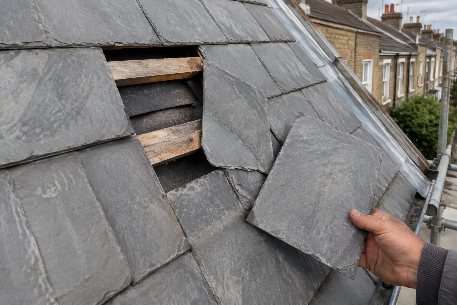 Gap in a slate roof where a slate is missing, with a roofer holding a replacement slate