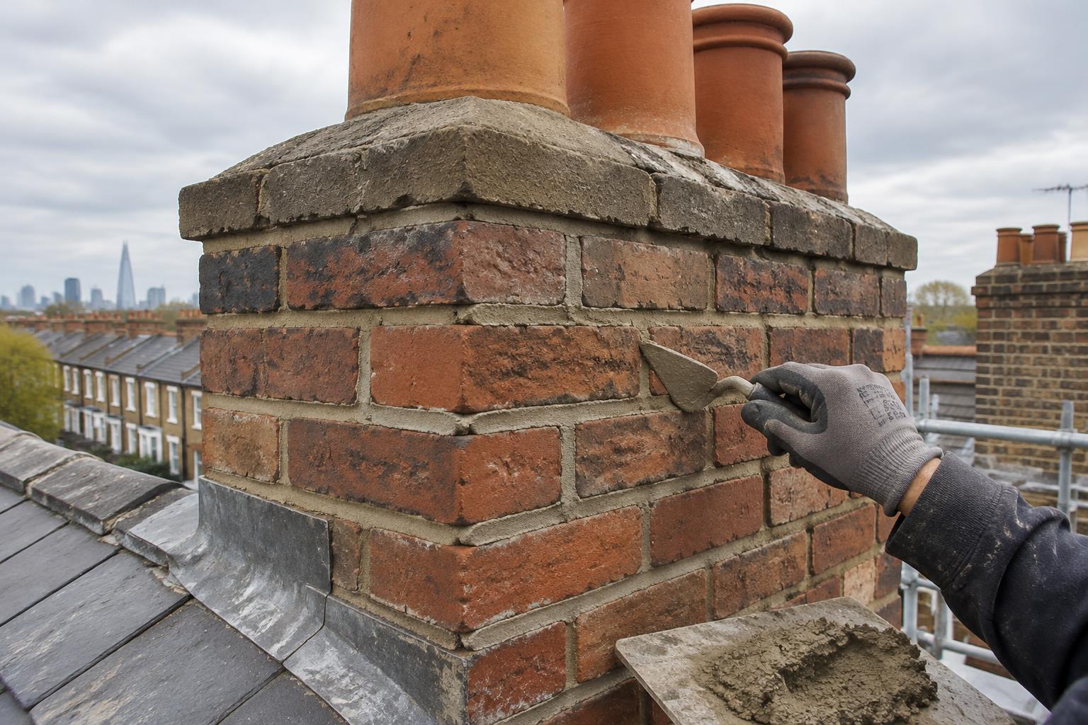 Roofer repointing mortar joints on a brick chimney stack with clay pots