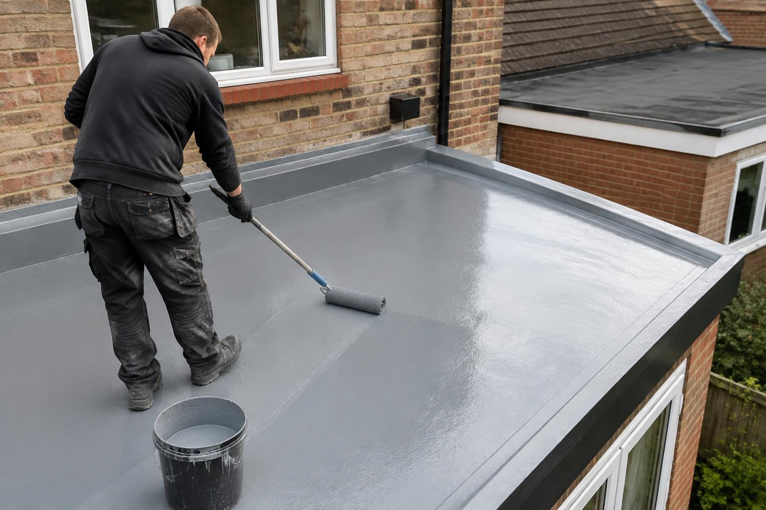 Roofer rolling a grey topcoat onto a new GRP fibreglass flat roof