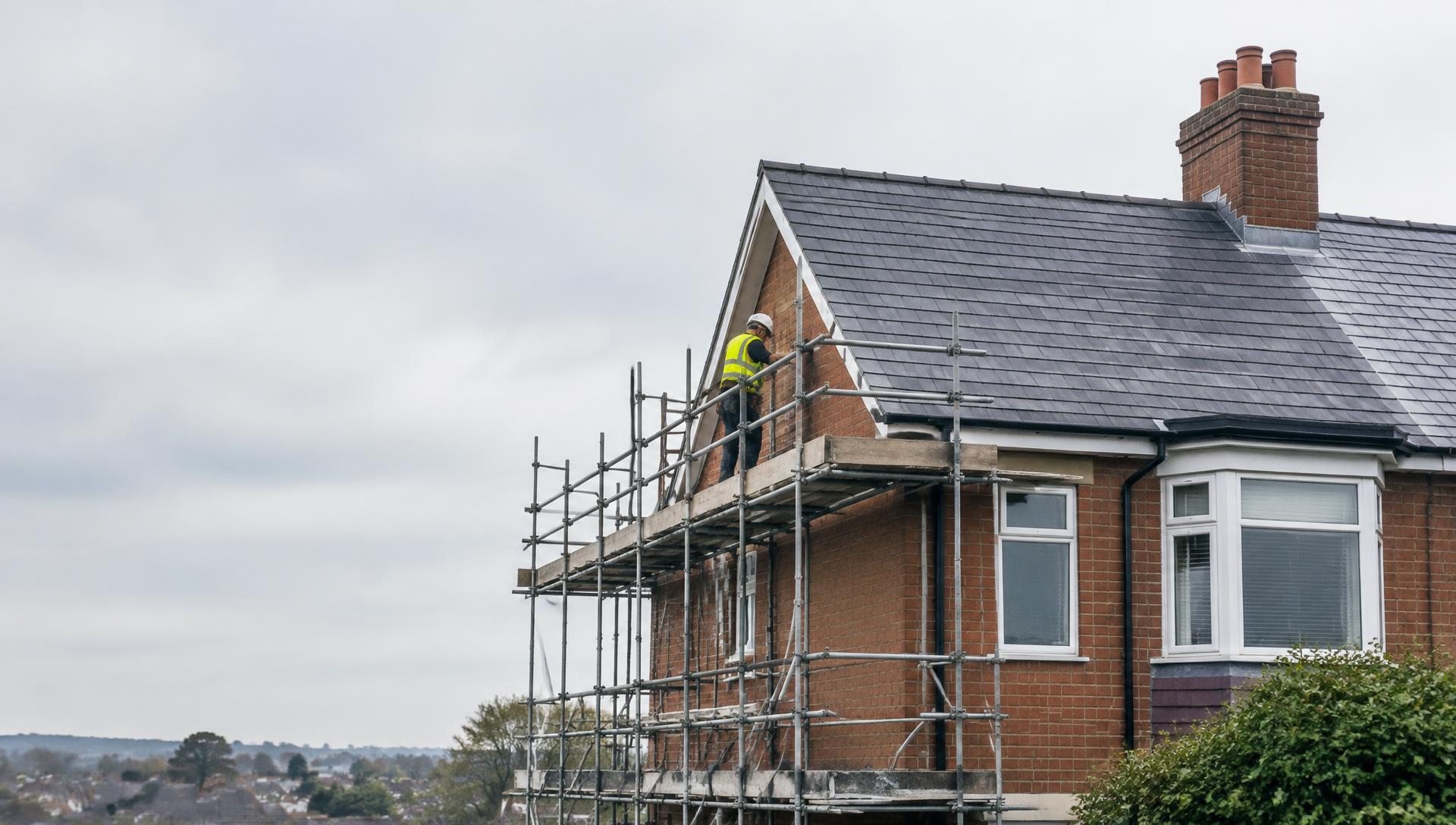 Roofer on scaffolding beside a newly slated roof on a brick semi-detached house
