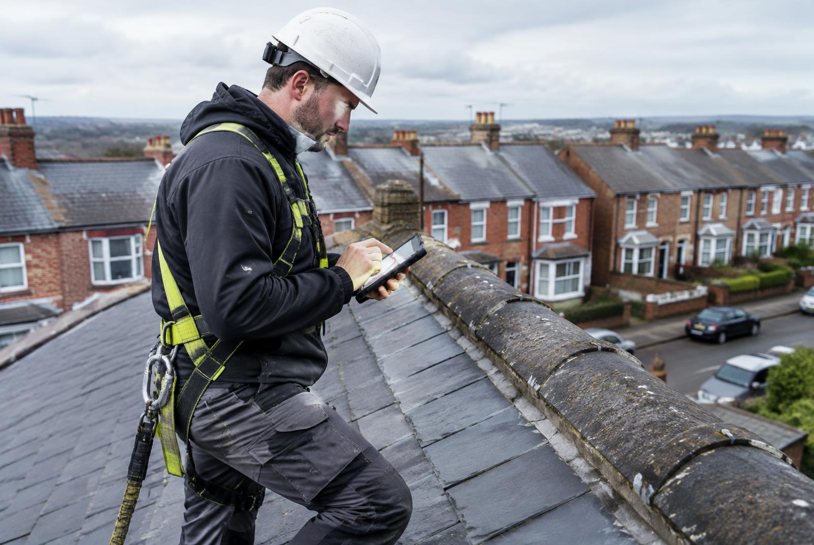 Roofer inspecting ridge tiles on a slate roof and recording findings on a tablet