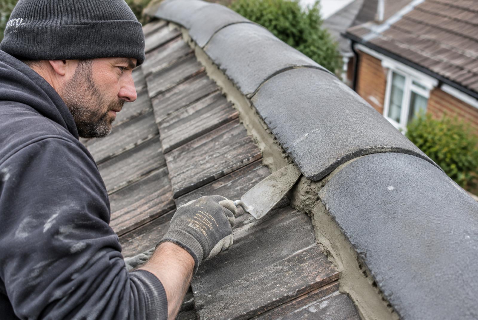 Roofer repointing mortar beneath ridge tiles with a trowel