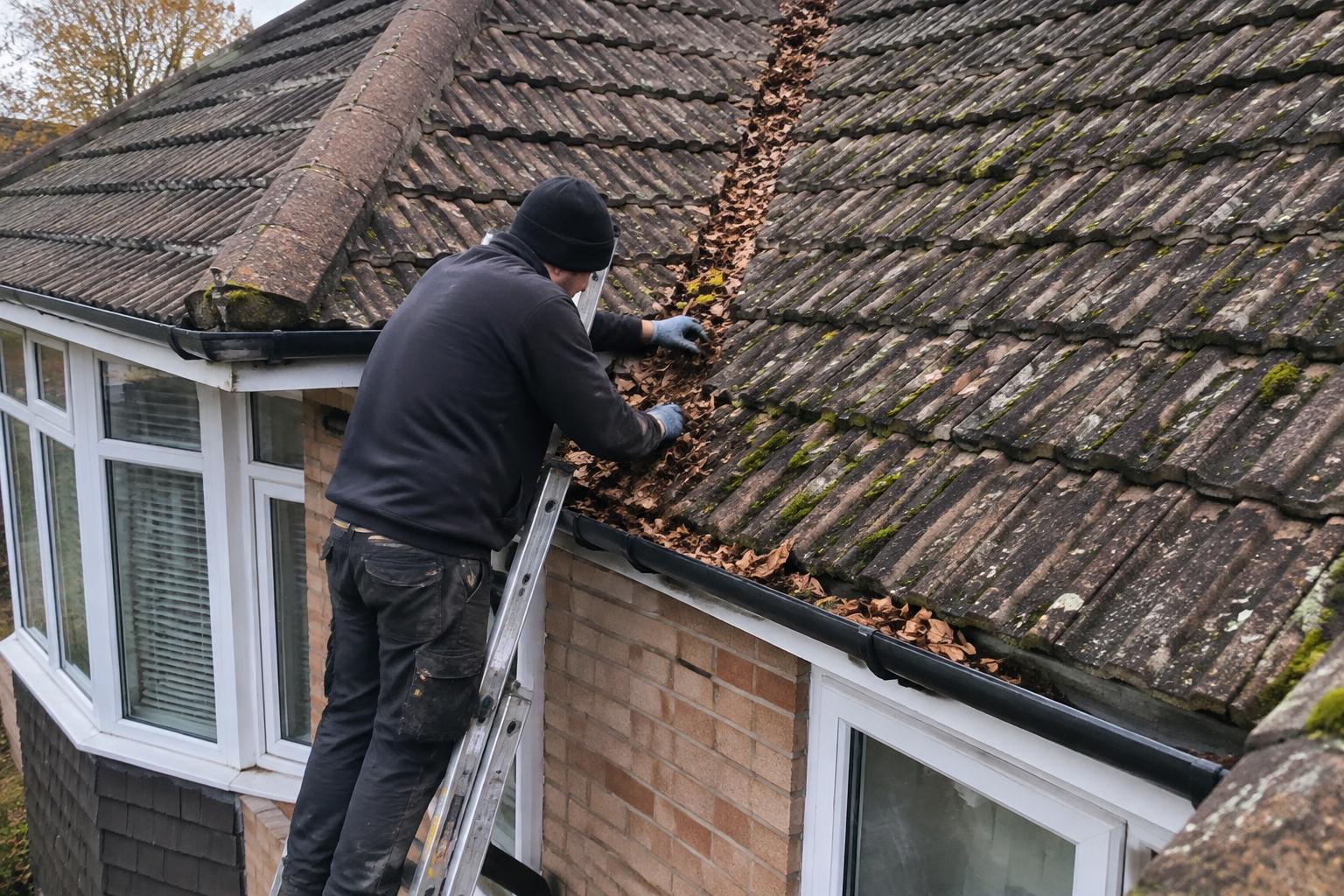 Roofer on a ladder clearing leaves from a roof valley and gutter