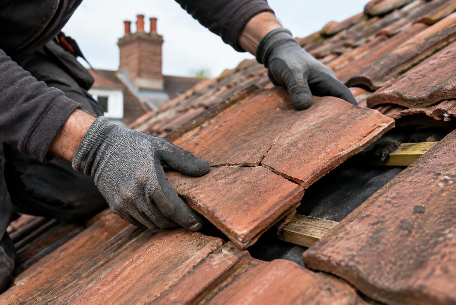 Roofer replacing a cracked clay roof tile