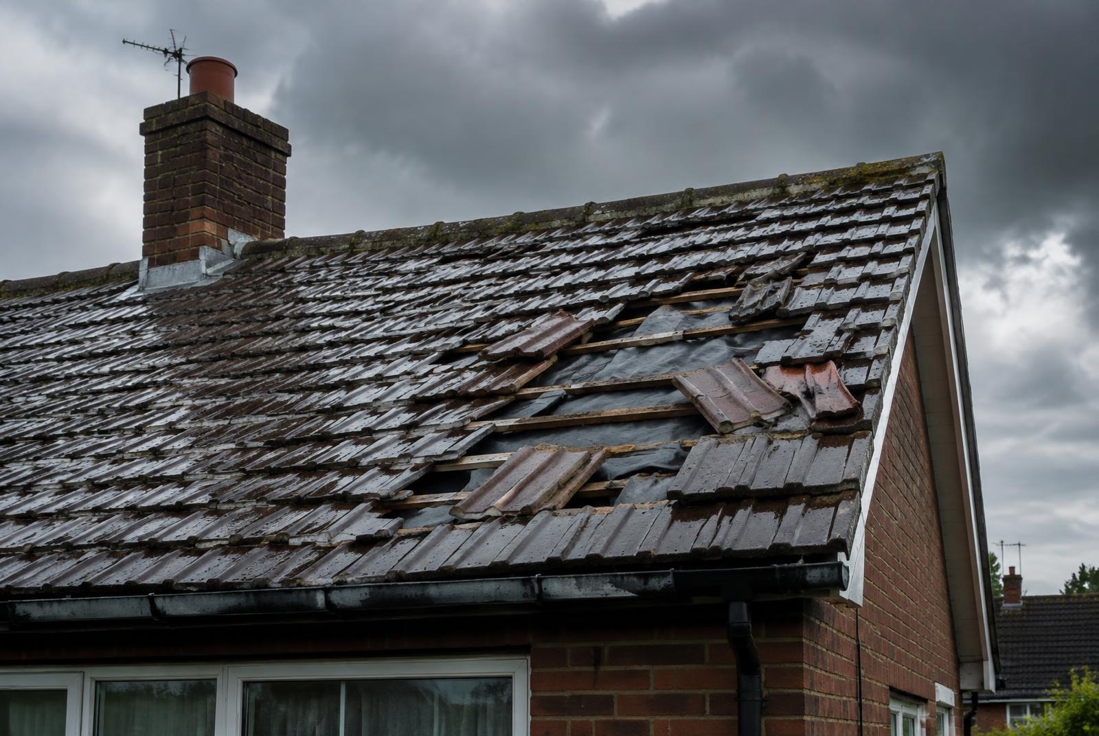 Pitched tiled roof with several displaced and missing tiles after a storm